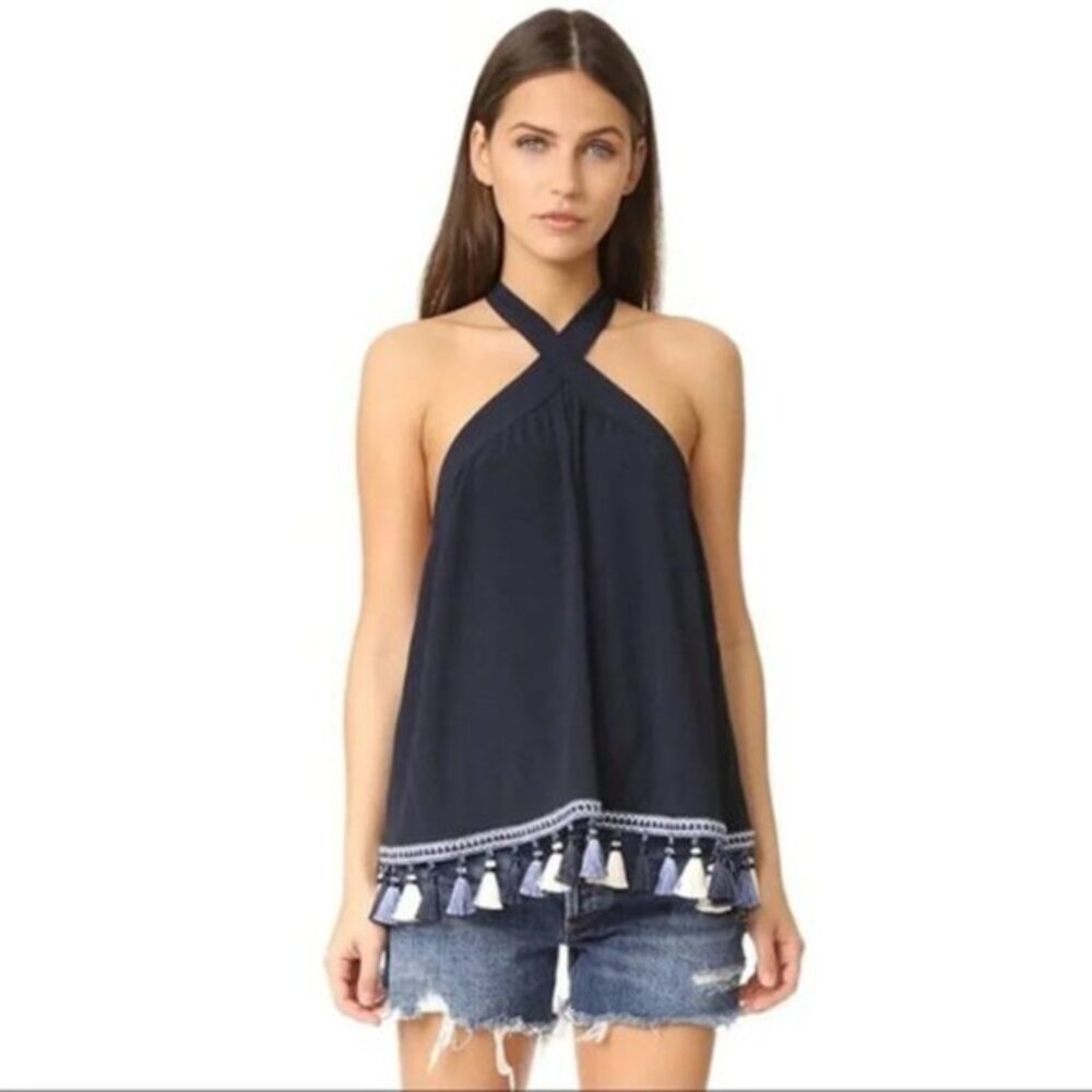 REVOLVE Tularosa Halter Top Blouse Navy Blue Tassels Open Back Embroidered XS